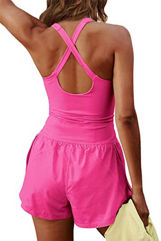 Summer Yoga Sportswear Plain One Piece Romper ZK1252: Pink / Blue