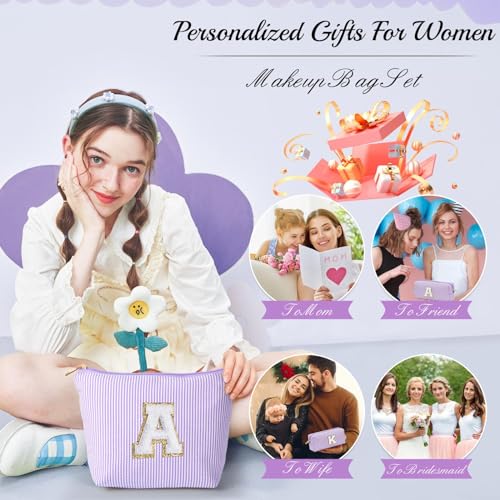 Initial Makeup Bag, Makeup Bag Travel Cosmetic Bag Cute Makeup Bag Personalized Engagement Bridesmaid Best Friend Birthday Gifts for Women Hostess Gifts for Her Friend Female Preppy Stuff M