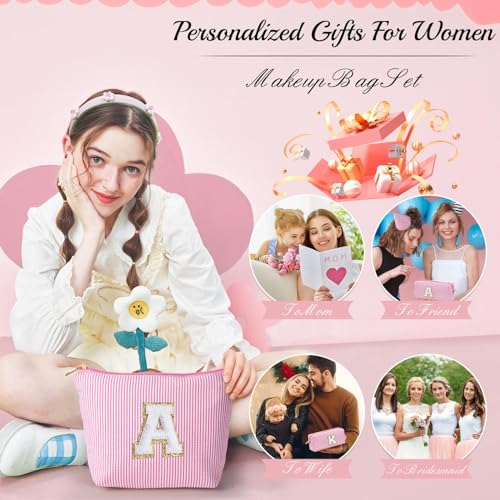 Initial Makeup Bag, Makeup Bag Travel Cosmetic Bag Cute Makeup Bag Personalized Engagement Bridesmaid Best Friend Birthday Gifts for Women Hostess Gifts for Her Friend Female Preppy Stuff M