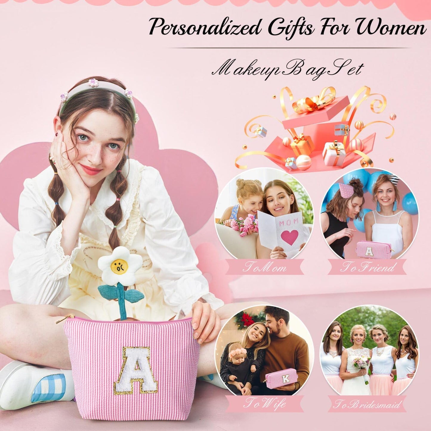 Initial Makeup Bag, Makeup Bag Travel Cosmetic Bag Cute Makeup Bag Personalized Engagement Bridesmaid Best Friend Birthday Gifts for Women Hostess Gifts for Her Friend Female Preppy Stuff M