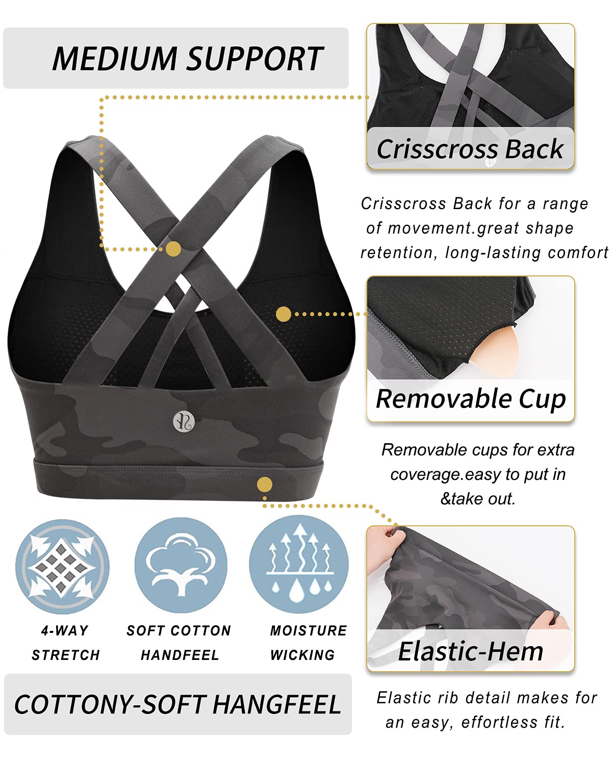 RUNNING GIRL Sports Bra for Women, Criss-Cross Back Padded Strappy Sports Bras Medium Support Yoga Bra with Removable Cups