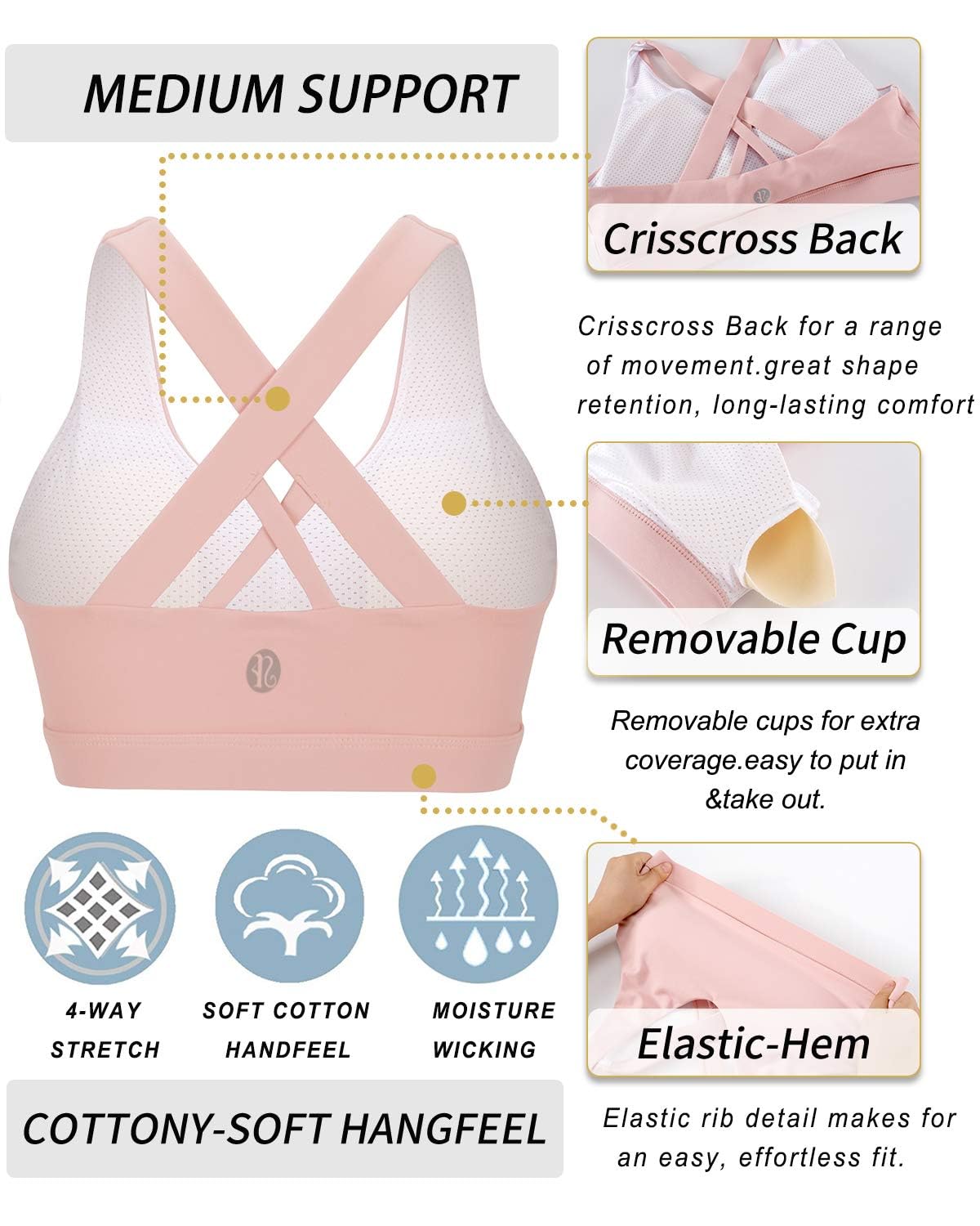 RUNNING GIRL Sports Bra for Women, Criss-Cross Back Padded Strappy Sports Bras Medium Support Yoga Bra with Removable Cups