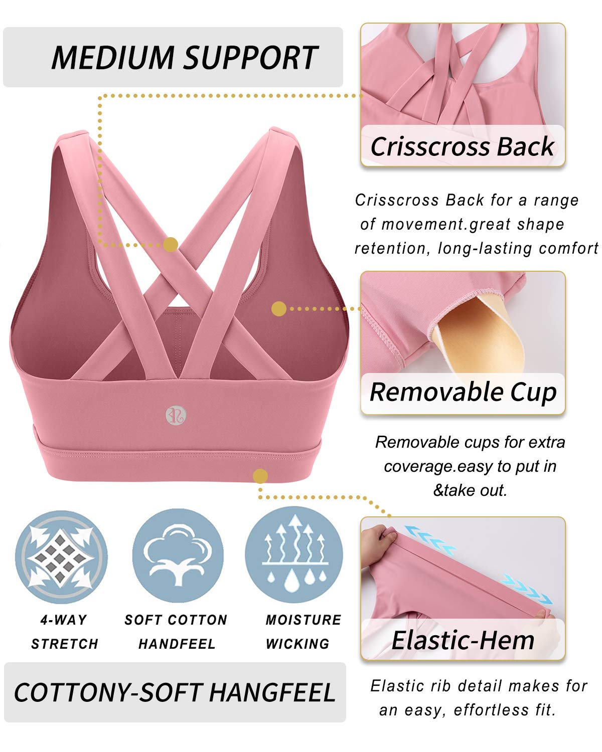 RUNNING GIRL Sports Bra for Women, Criss-Cross Back Padded Strappy Sports Bras Medium Support Yoga Bra with Removable Cups