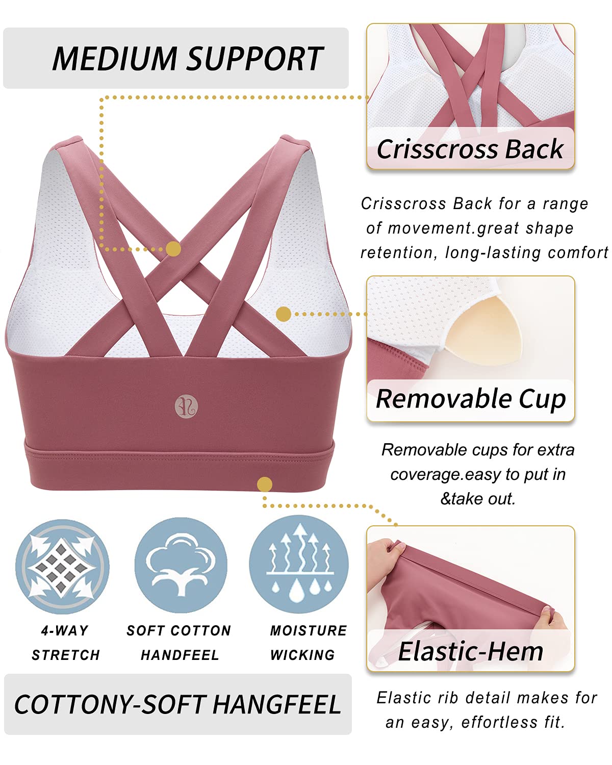 RUNNING GIRL Sports Bra for Women, Criss-Cross Back Padded Strappy Sports Bras Medium Support Yoga Bra with Removable Cups