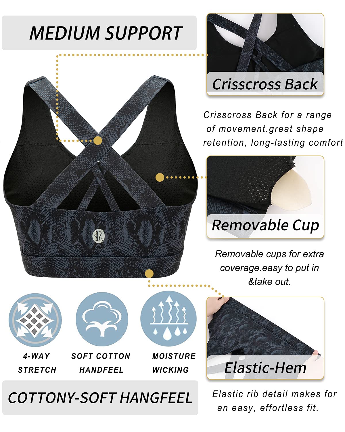 RUNNING GIRL Sports Bra for Women, Criss-Cross Back Padded Strappy Sports Bras Medium Support Yoga Bra with Removable Cups