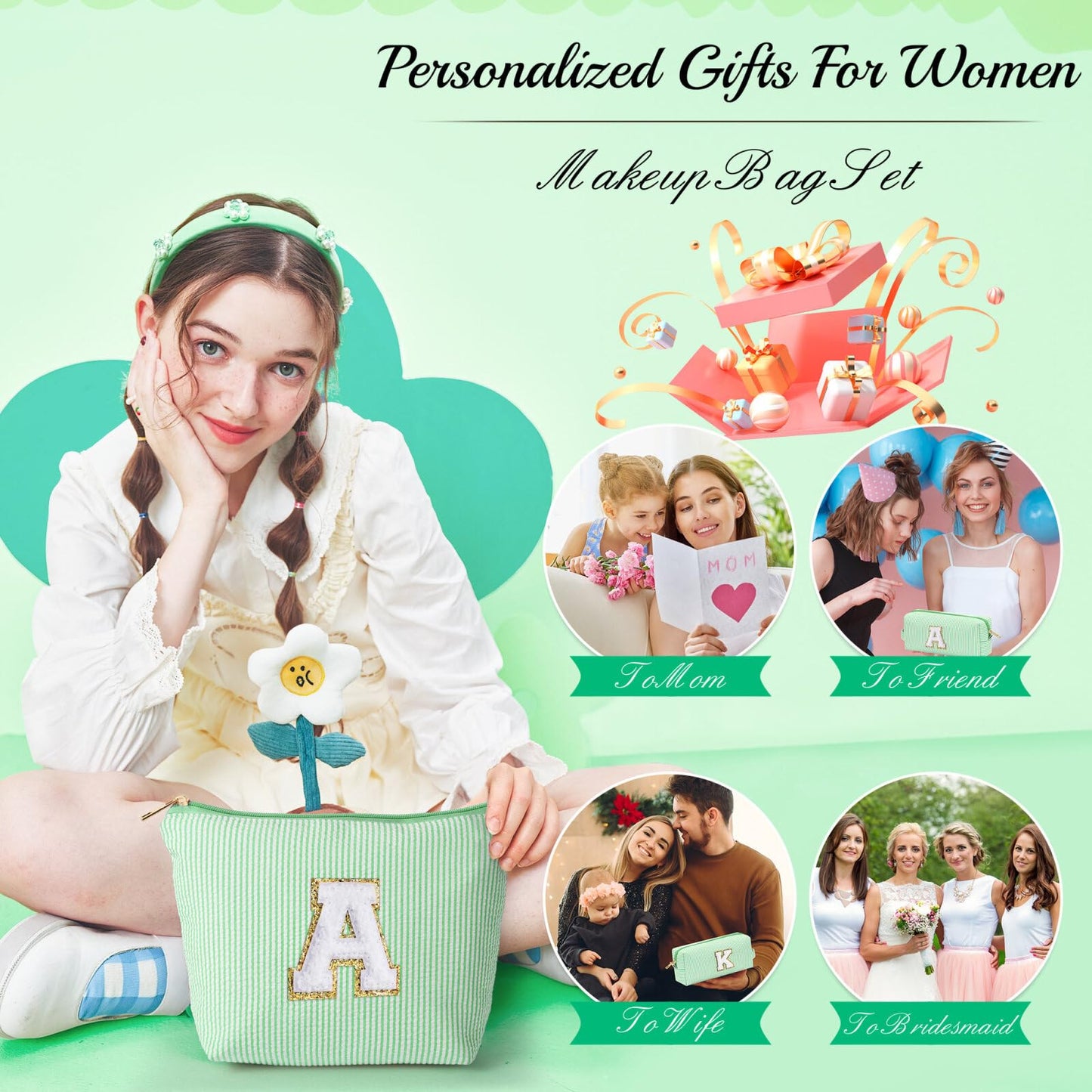 Initial Makeup Bag, Makeup Bag Travel Cosmetic Bag Cute Makeup Bag Personalized Engagement Bridesmaid Best Friend Birthday Gifts for Women Hostess Gifts for Her Friend Female Preppy Stuff M