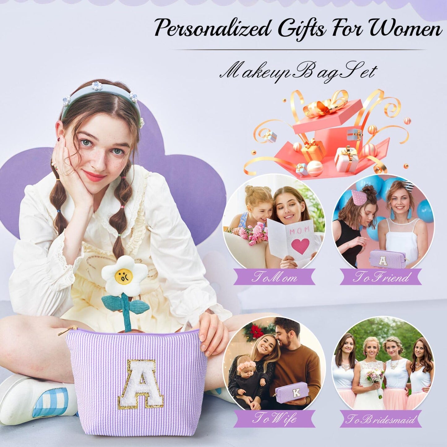 Initial Makeup Bag, Makeup Bag Travel Cosmetic Bag Cute Makeup Bag Personalized Engagement Bridesmaid Best Friend Birthday Gifts for Women Hostess Gifts for Her Friend Female Preppy Stuff M