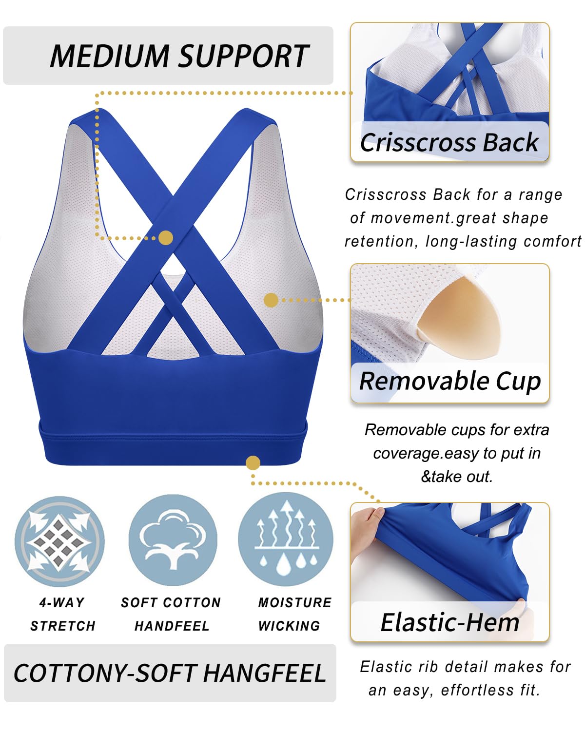 RUNNING GIRL Sports Bra for Women, Criss-Cross Back Padded Strappy Sports Bras Medium Support Yoga Bra with Removable Cups