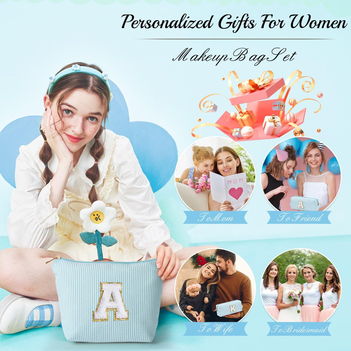 Initial Makeup Bag, Makeup Bag Travel Cosmetic Bag Cute Makeup Bag Personalized Engagement Bridesmaid Best Friend Birthday Gifts for Women Hostess Gifts for Her Friend Female Preppy Stuff M
