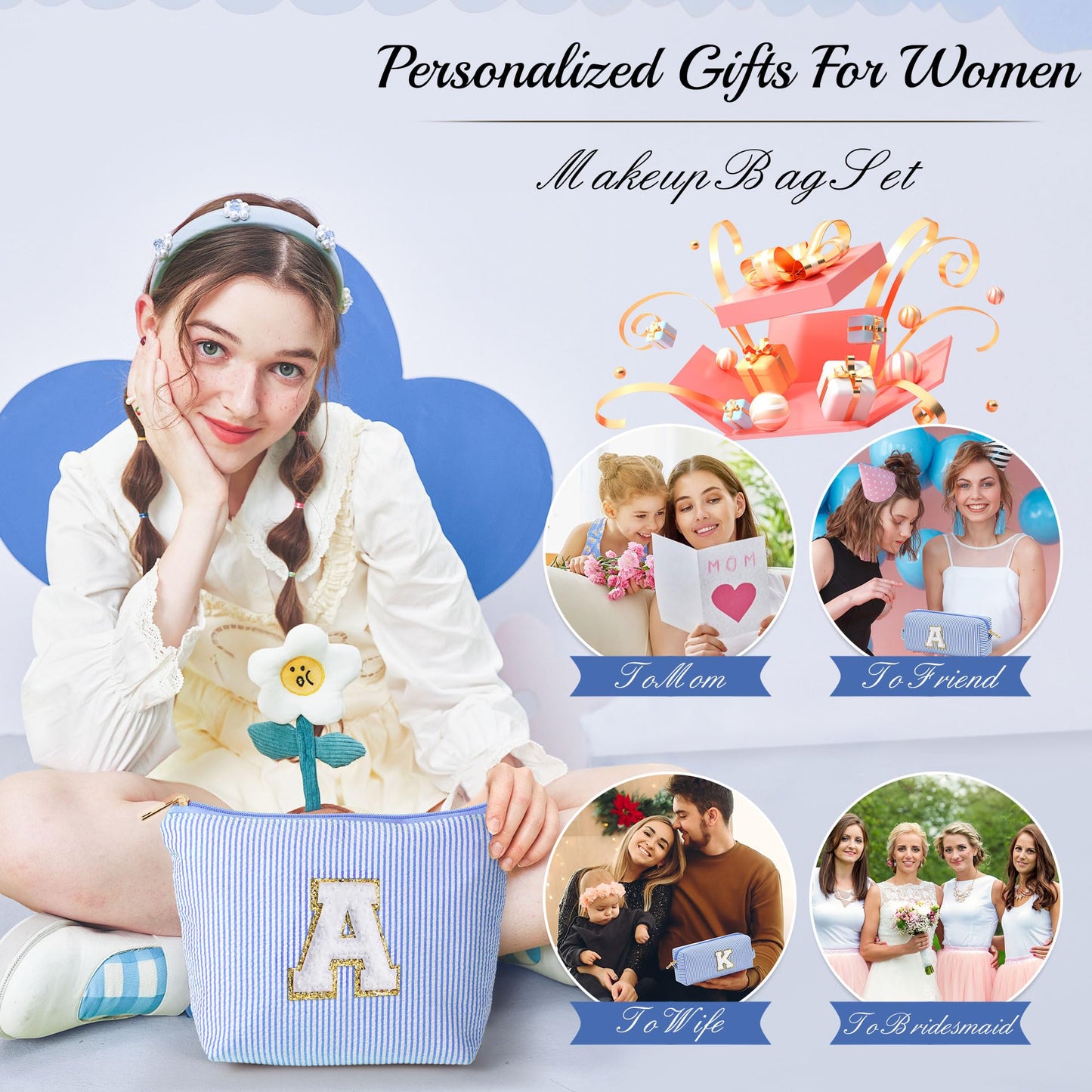 Initial Makeup Bag, Makeup Bag Travel Cosmetic Bag Cute Makeup Bag Personalized Engagement Bridesmaid Best Friend Birthday Gifts for Women Hostess Gifts for Her Friend Female Preppy Stuff M