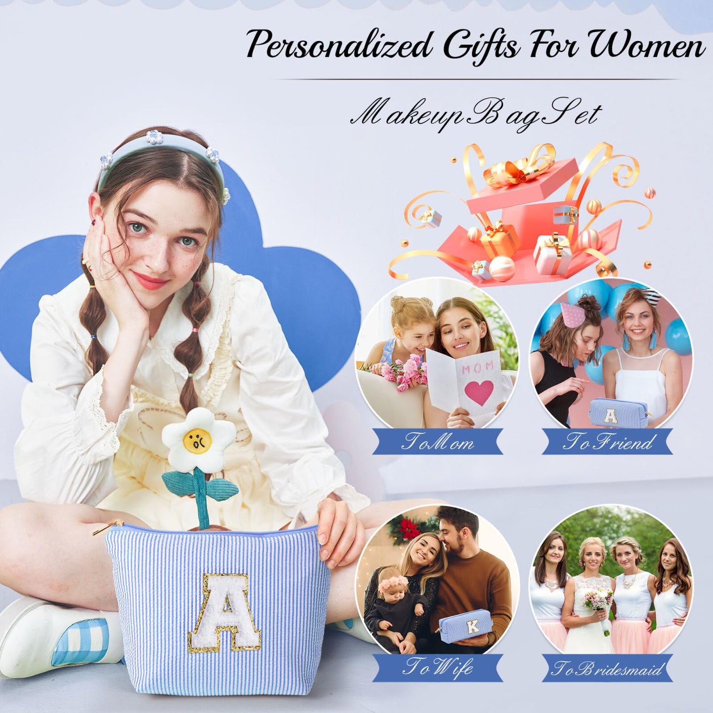 Initial Makeup Bag, Makeup Bag Travel Cosmetic Bag Cute Makeup Bag Personalized Engagement Bridesmaid Best Friend Birthday Gifts for Women Hostess Gifts for Her Friend Female Preppy Stuff M