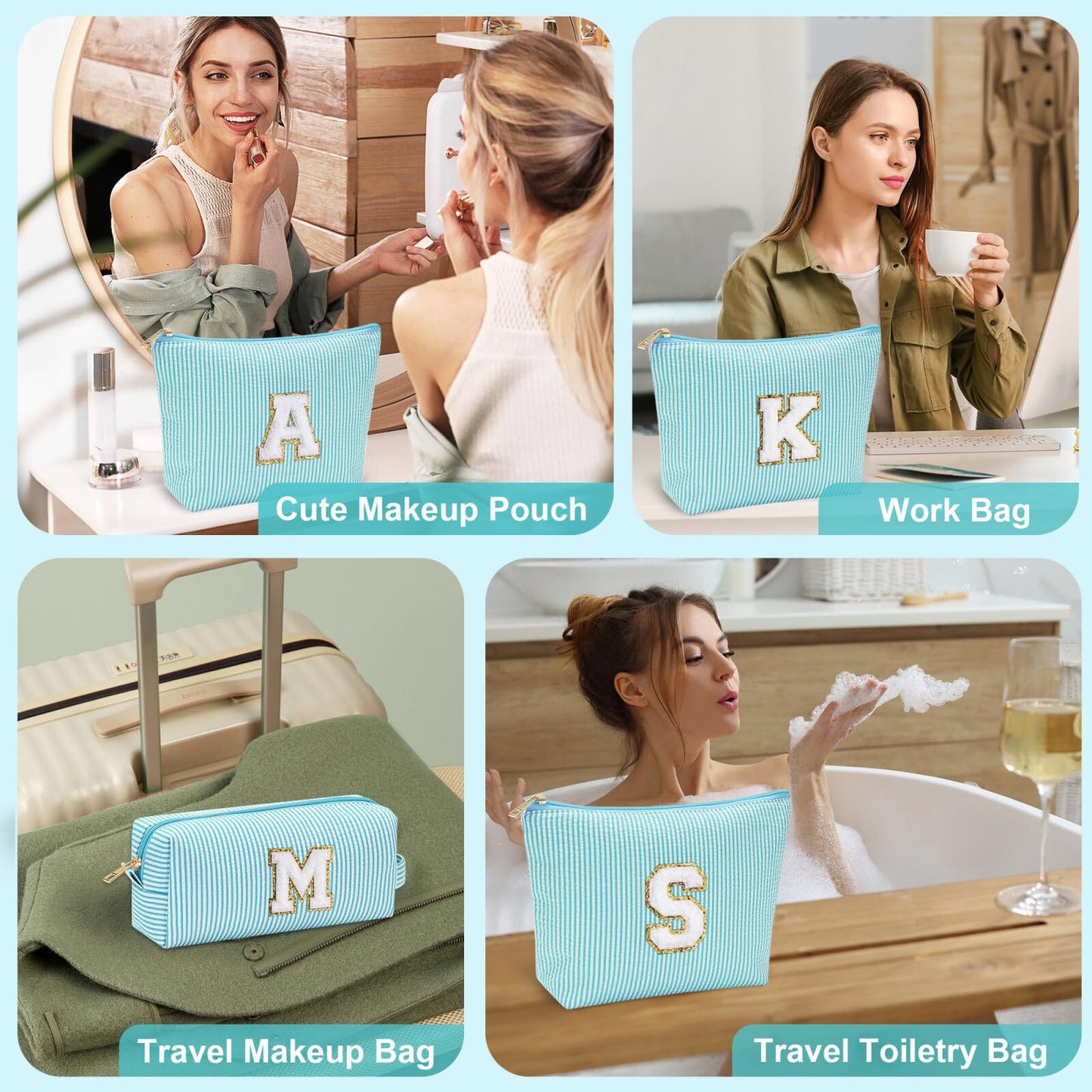 Initial Makeup Bag, Makeup Bag Travel Cosmetic Bag Cute Makeup Bag Personalized Engagement Bridesmaid Best Friend Birthday Gifts for Women Hostess Gifts for Her Friend Female Preppy Stuff M