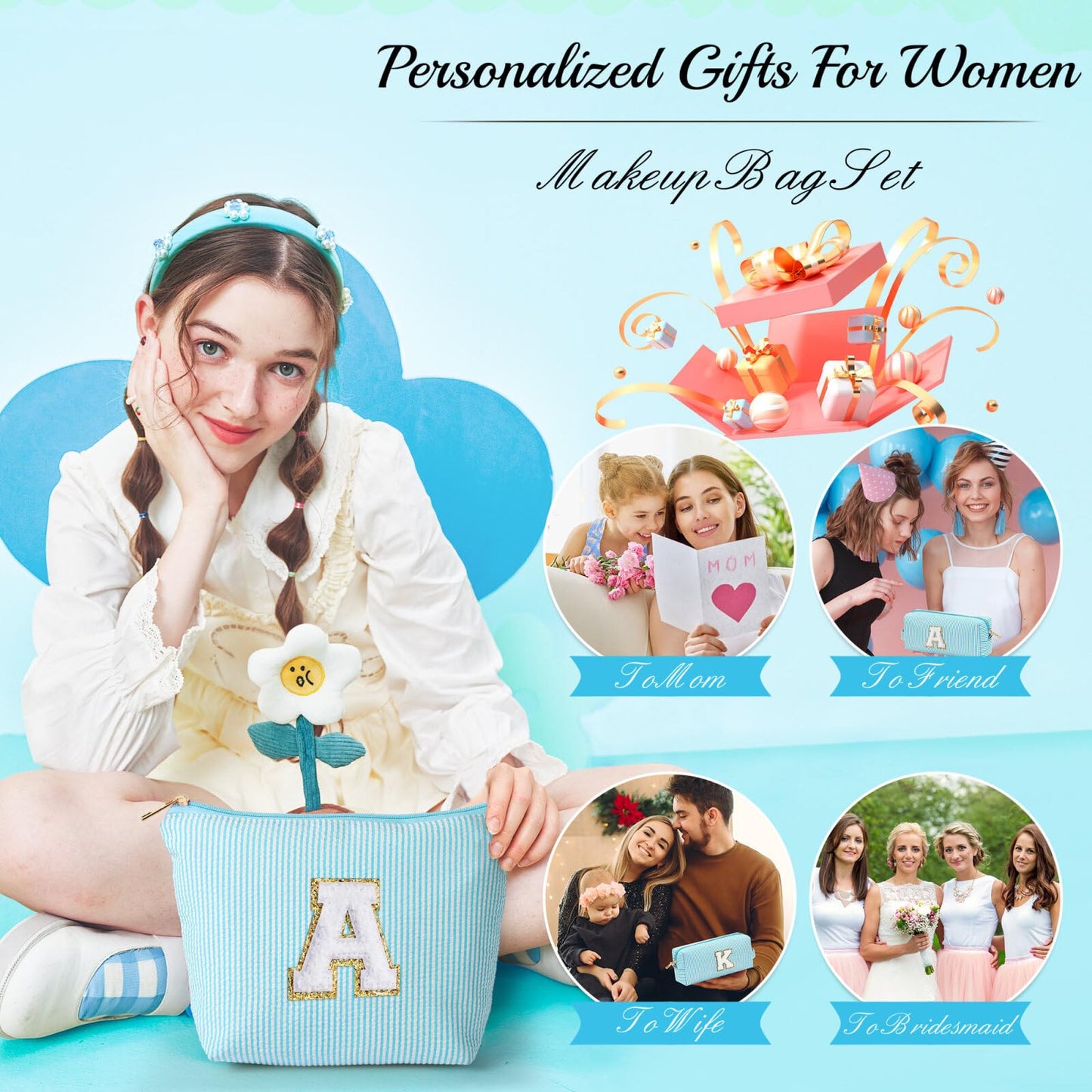 Initial Makeup Bag, Makeup Bag Travel Cosmetic Bag Cute Makeup Bag Personalized Engagement Bridesmaid Best Friend Birthday Gifts for Women Hostess Gifts for Her Friend Female Preppy Stuff M
