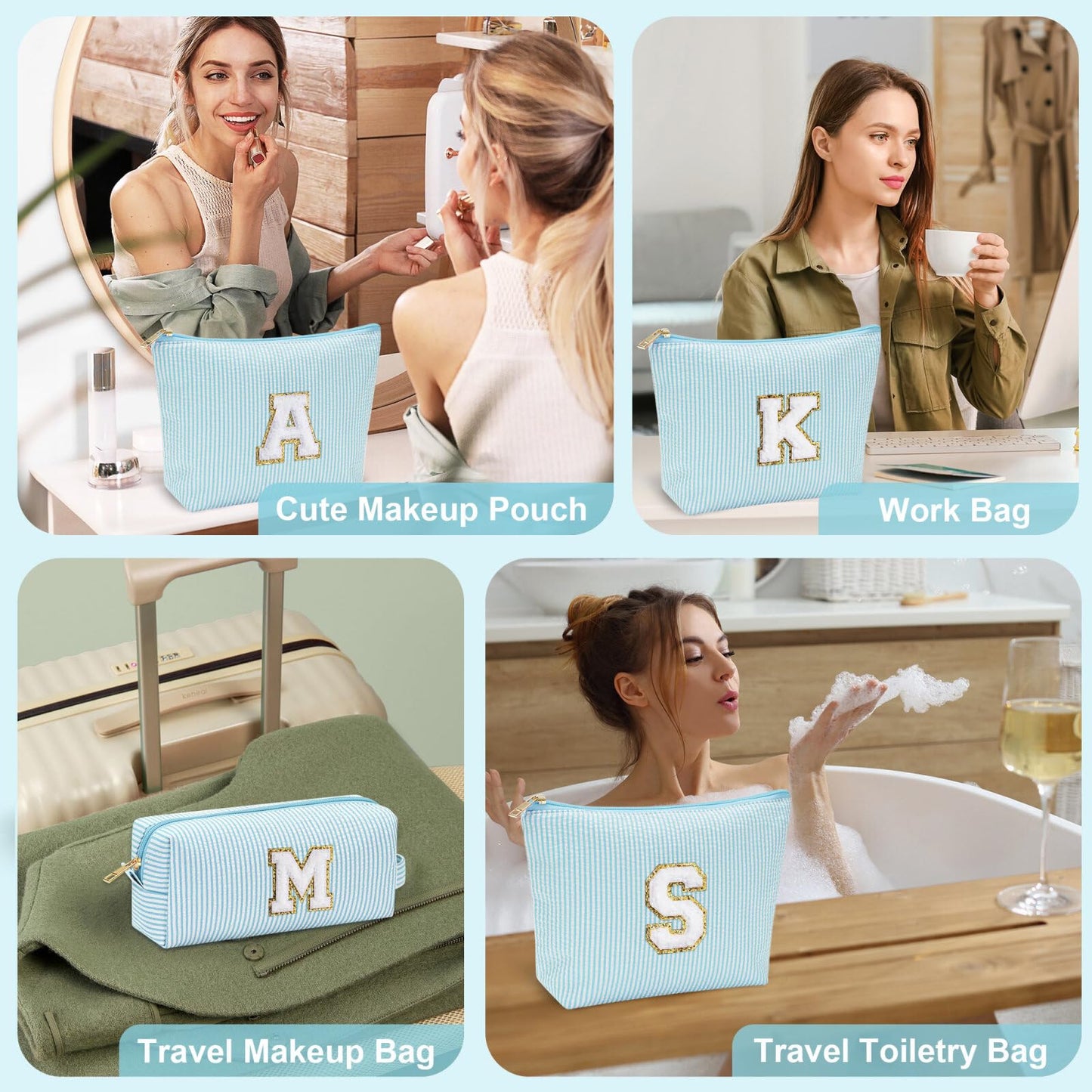 Initial Makeup Bag, Makeup Bag Travel Cosmetic Bag Cute Makeup Bag Personalized Engagement Bridesmaid Best Friend Birthday Gifts for Women Hostess Gifts for Her Friend Female Preppy Stuff M