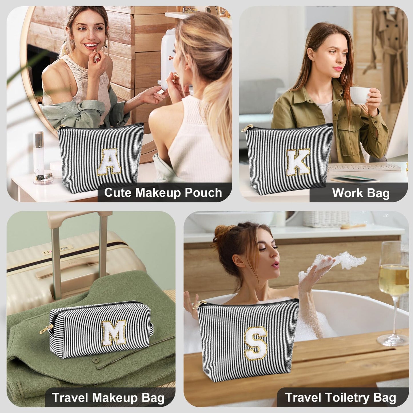 Initial Makeup Bag, Makeup Bag Travel Cosmetic Bag Cute Makeup Bag Personalized Engagement Bridesmaid Best Friend Birthday Gifts for Women Hostess Gifts for Her Friend Female Preppy Stuff M