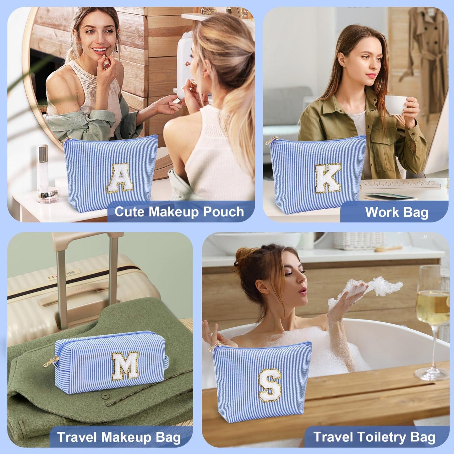 Initial Makeup Bag, Makeup Bag Travel Cosmetic Bag Cute Makeup Bag Personalized Engagement Bridesmaid Best Friend Birthday Gifts for Women Hostess Gifts for Her Friend Female Preppy Stuff M
