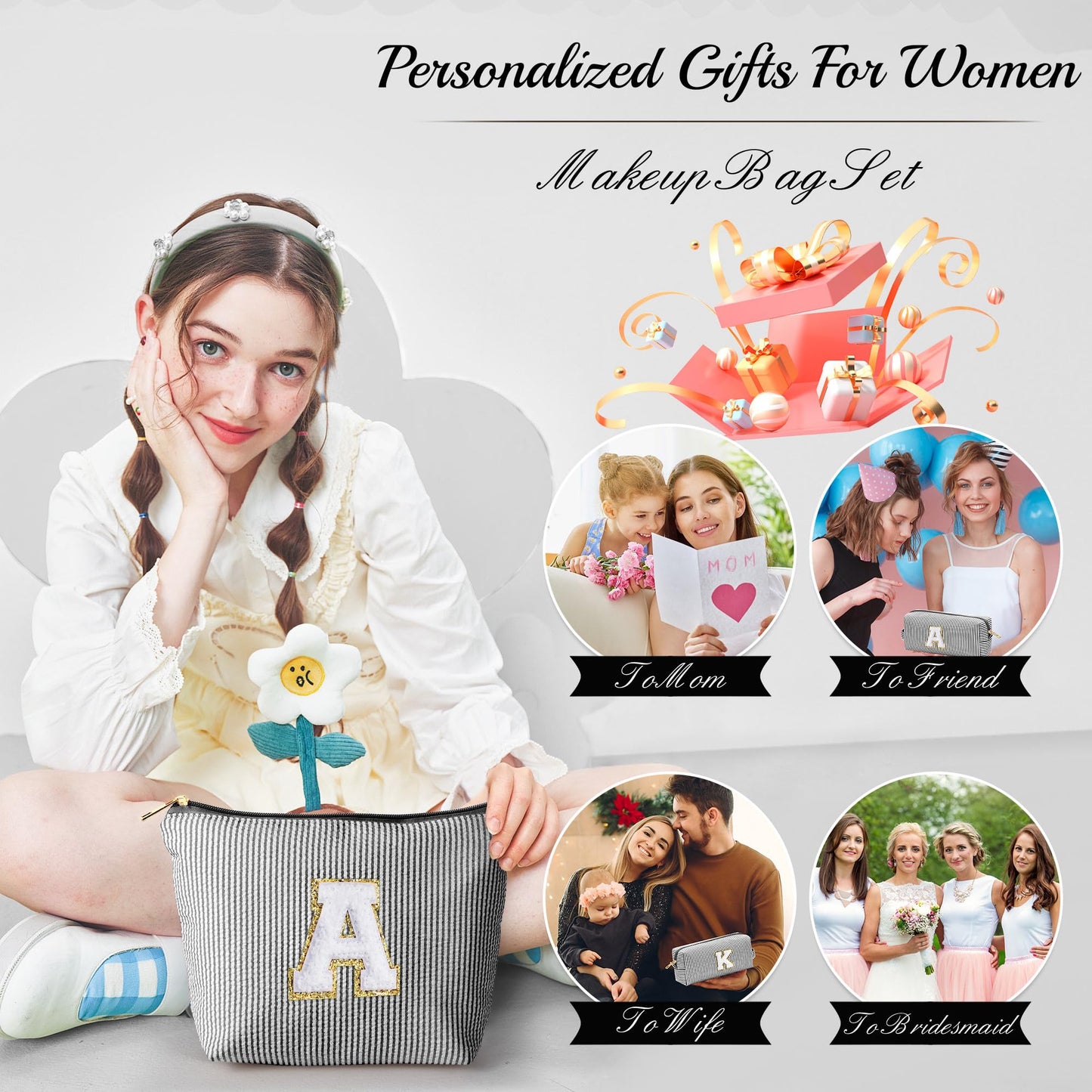 Initial Makeup Bag, Makeup Bag Travel Cosmetic Bag Cute Makeup Bag Personalized Engagement Bridesmaid Best Friend Birthday Gifts for Women Hostess Gifts for Her Friend Female Preppy Stuff M