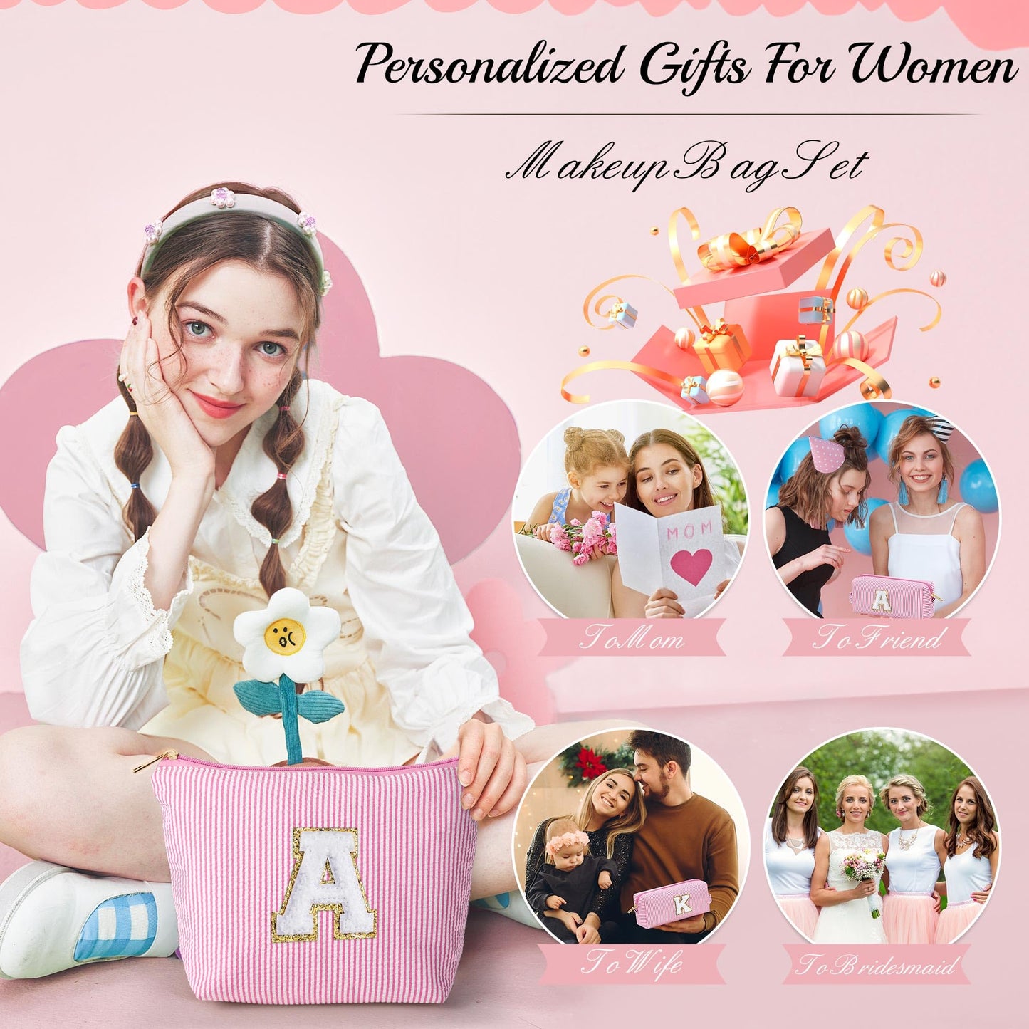 Initial Makeup Bag, Makeup Bag Travel Cosmetic Bag Cute Makeup Bag Personalized Engagement Bridesmaid Best Friend Birthday Gifts for Women Hostess Gifts for Her Friend Female Preppy Stuff M