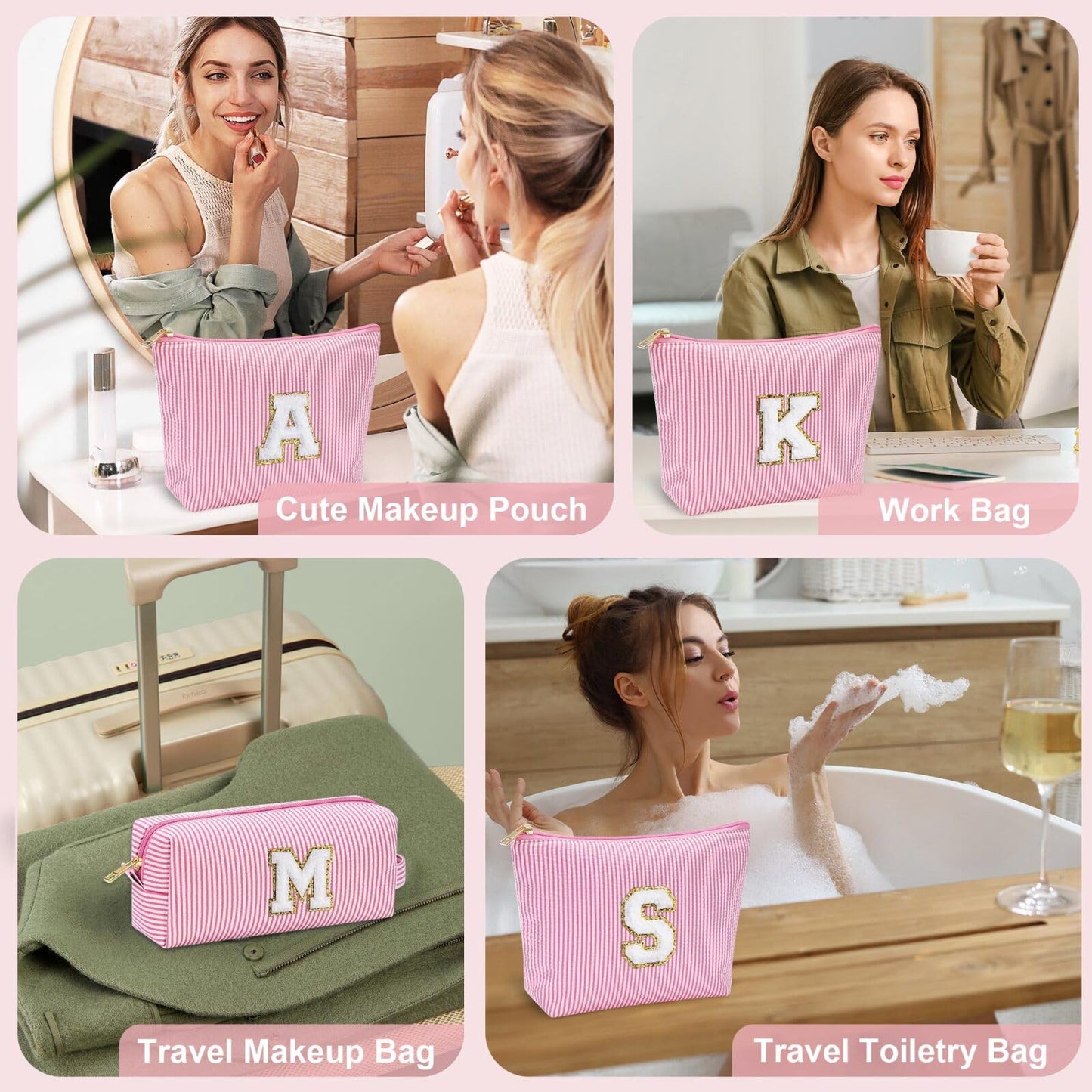 Initial Makeup Bag, Makeup Bag Travel Cosmetic Bag Cute Makeup Bag Personalized Engagement Bridesmaid Best Friend Birthday Gifts for Women Hostess Gifts for Her Friend Female Preppy Stuff M