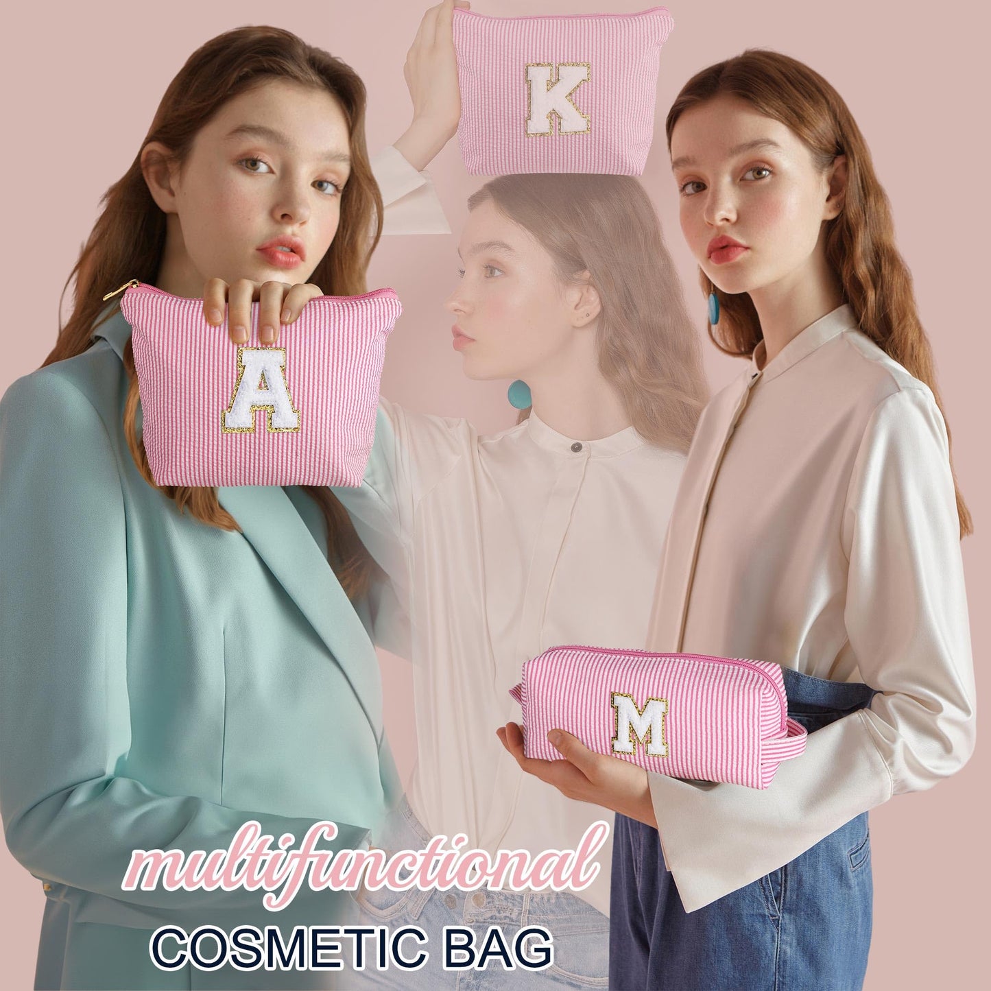 Initial Makeup Bag, Makeup Bag Travel Cosmetic Bag Cute Makeup Bag Personalized Engagement Bridesmaid Best Friend Birthday Gifts for Women Hostess Gifts for Her Friend Female Preppy Stuff M