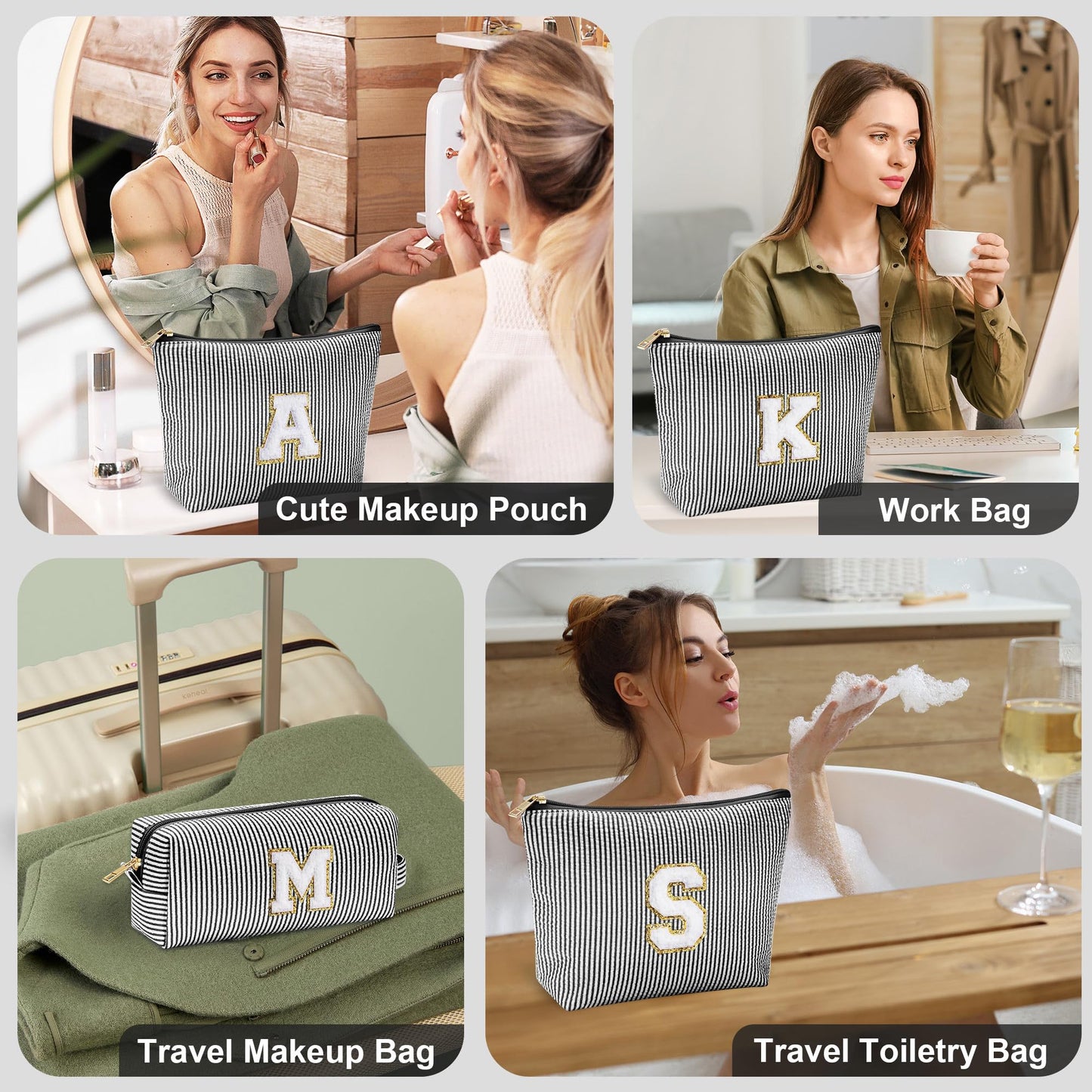 Initial Makeup Bag, Makeup Bag Travel Cosmetic Bag Cute Makeup Bag Personalized Engagement Bridesmaid Best Friend Birthday Gifts for Women Hostess Gifts for Her Friend Female Preppy Stuff M