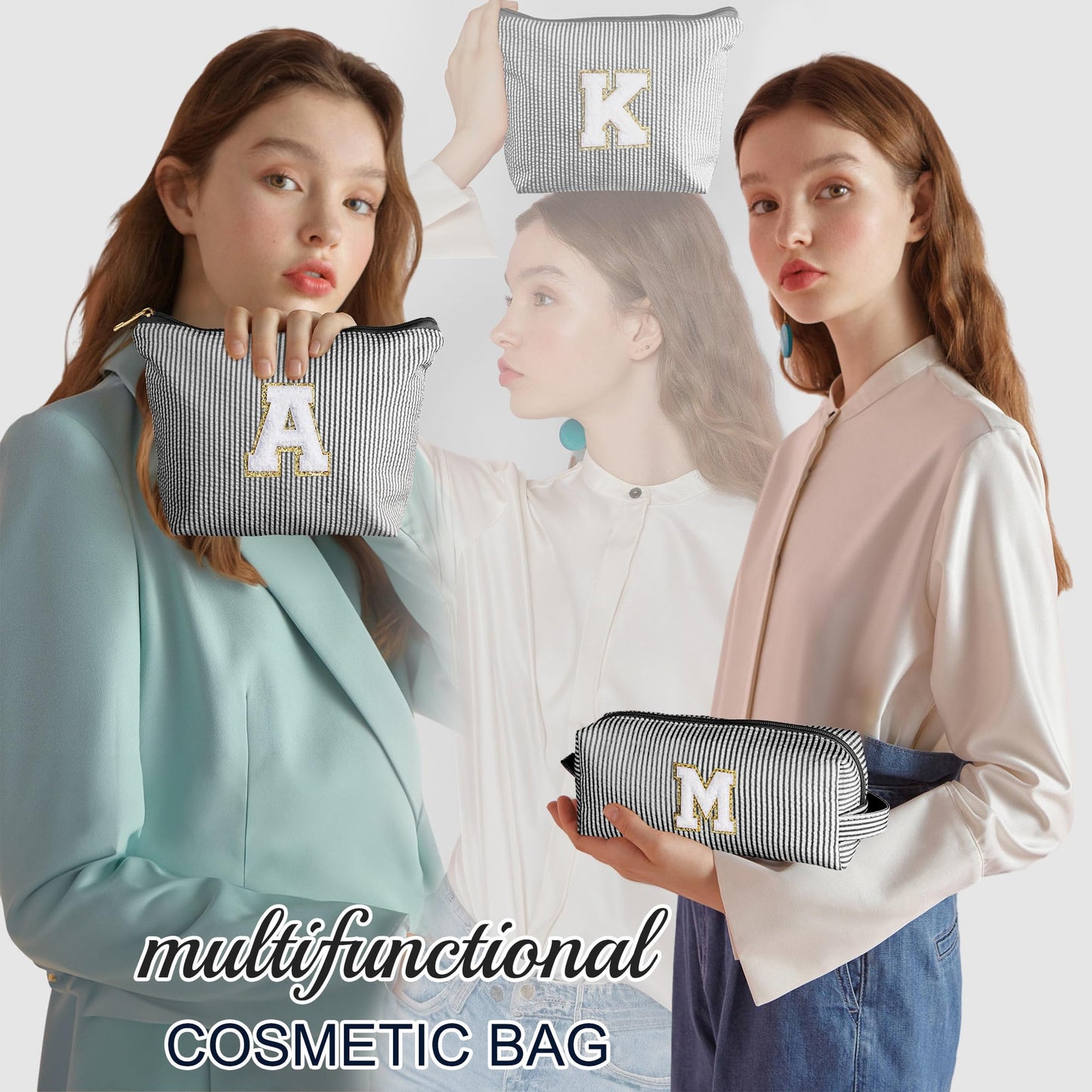 Initial Makeup Bag, Makeup Bag Travel Cosmetic Bag Cute Makeup Bag Personalized Engagement Bridesmaid Best Friend Birthday Gifts for Women Hostess Gifts for Her Friend Female Preppy Stuff M