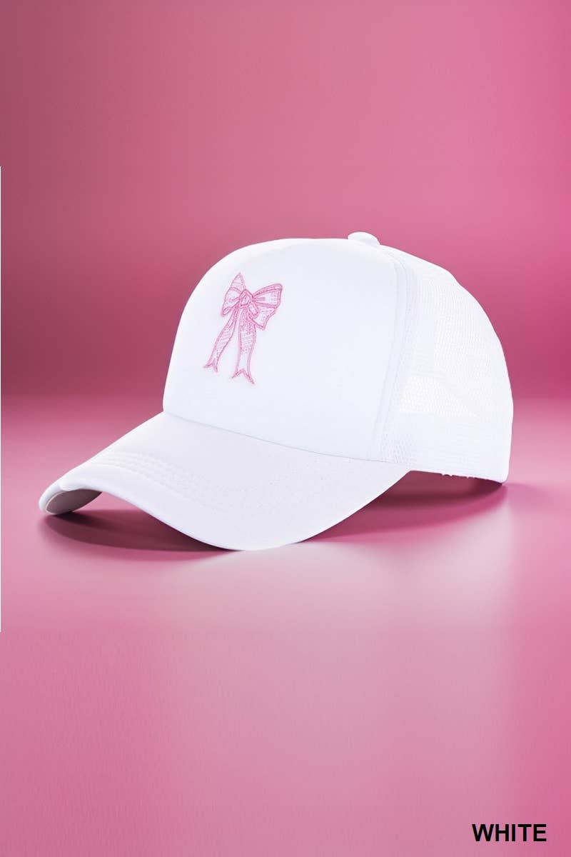 .._ SI-26295 COQUETTE RIBBON BOW EMBROIDERY TRUCKER HAT: WHITE-168103 / OS
