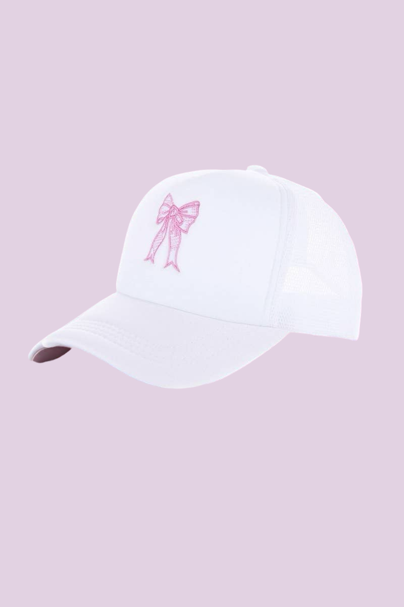 .._ SI-26295 COQUETTE RIBBON BOW EMBROIDERY TRUCKER HAT: WHITE-168103 / OS