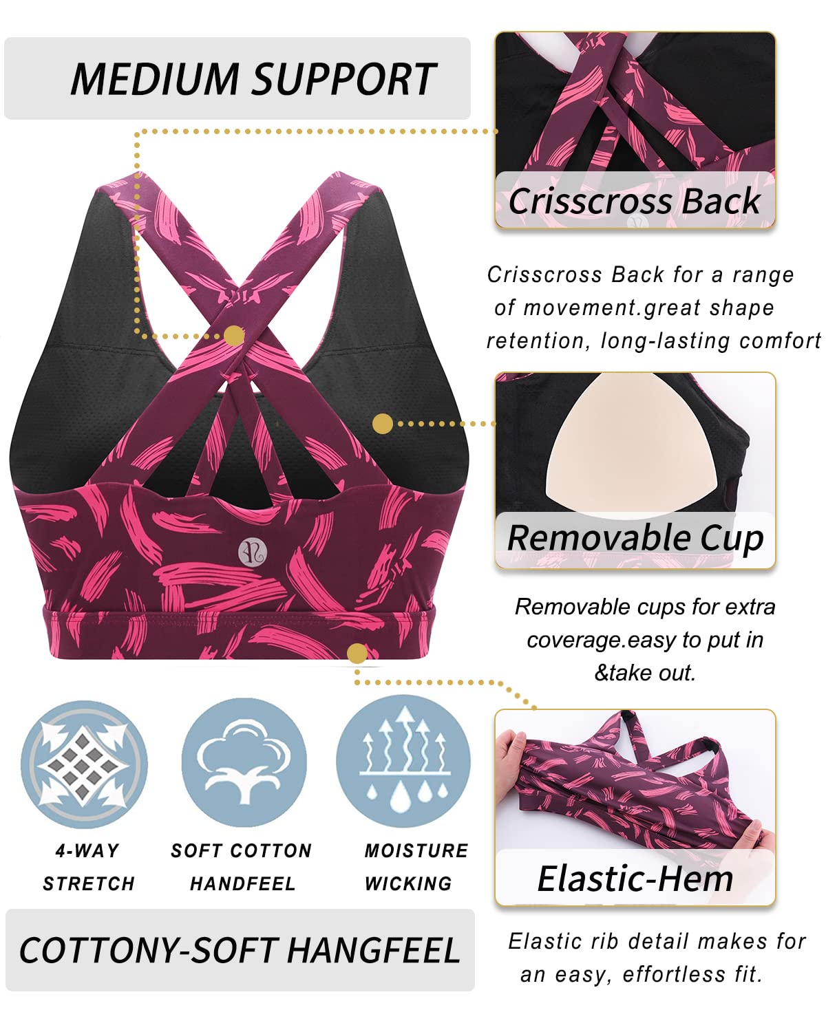RUNNING GIRL Sports Bra for Women, Criss-Cross Back Padded Strappy Sports Bras Medium Support Yoga Bra with Removable Cups