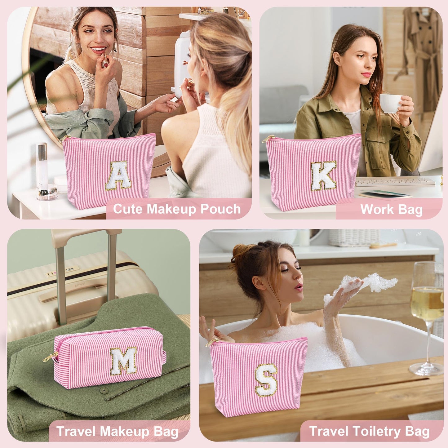 Initial Makeup Bag, Makeup Bag Travel Cosmetic Bag Cute Makeup Bag Personalized Engagement Bridesmaid Best Friend Birthday Gifts for Women Hostess Gifts for Her Friend Female Preppy Stuff M