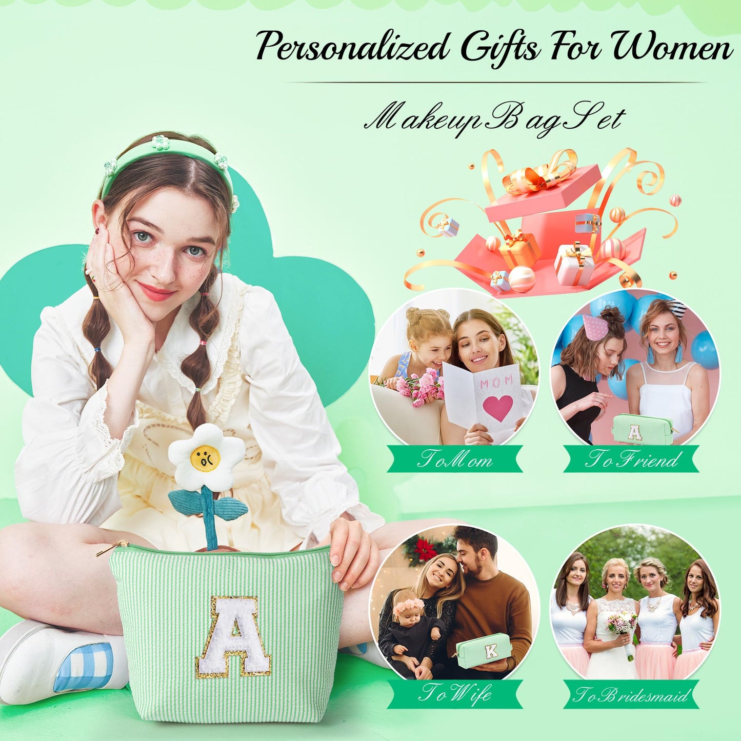 Initial Makeup Bag, Makeup Bag Travel Cosmetic Bag Cute Makeup Bag Personalized Engagement Bridesmaid Best Friend Birthday Gifts for Women Hostess Gifts for Her Friend Female Preppy Stuff M