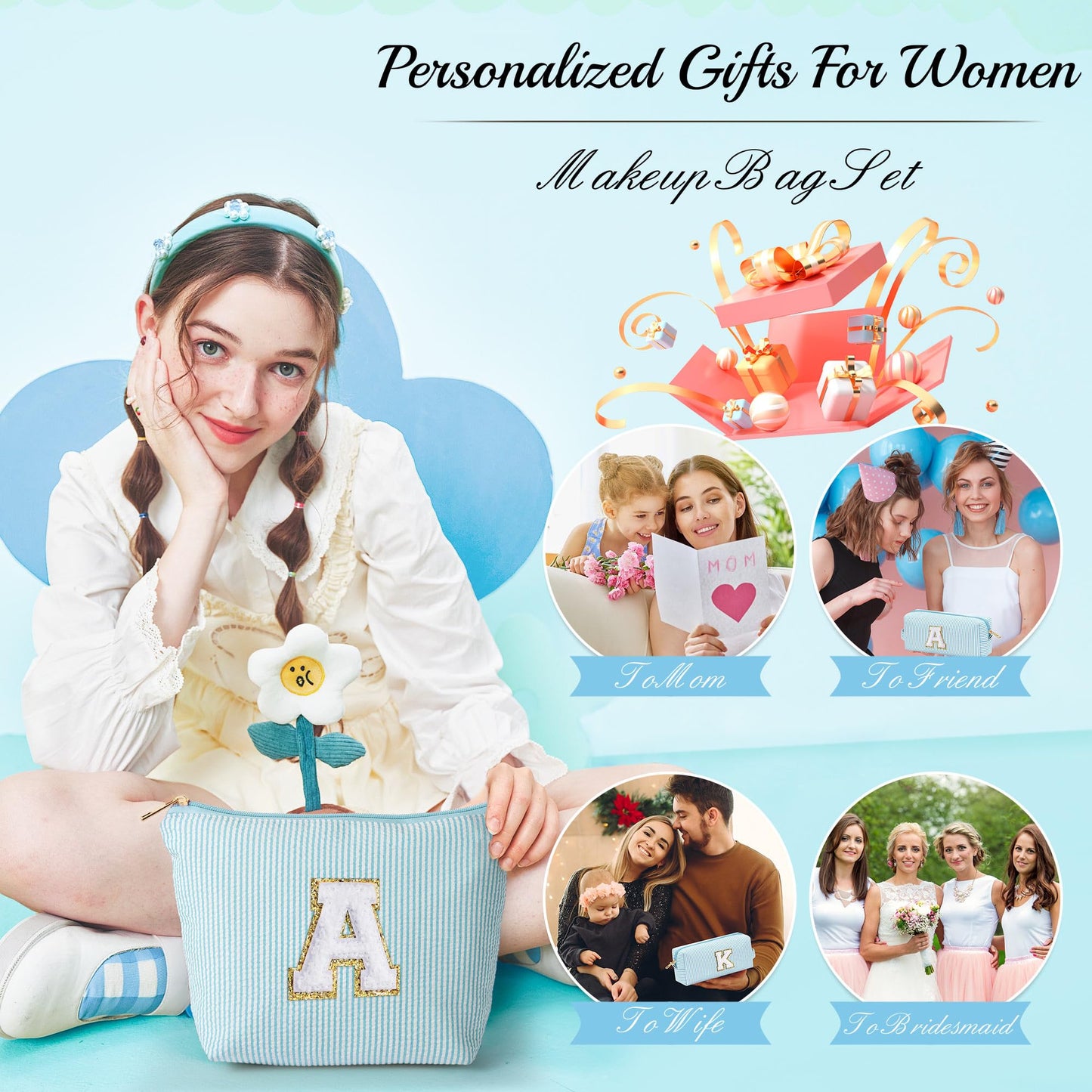 Initial Makeup Bag, Makeup Bag Travel Cosmetic Bag Cute Makeup Bag Personalized Engagement Bridesmaid Best Friend Birthday Gifts for Women Hostess Gifts for Her Friend Female Preppy Stuff M
