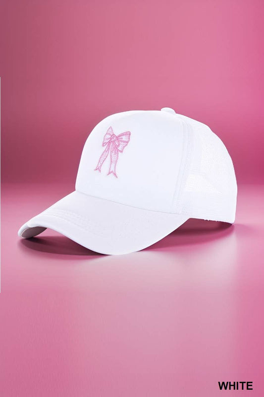 .._ SI-26295 COQUETTE RIBBON BOW EMBROIDERY TRUCKER HAT: WHITE-168103 / OS